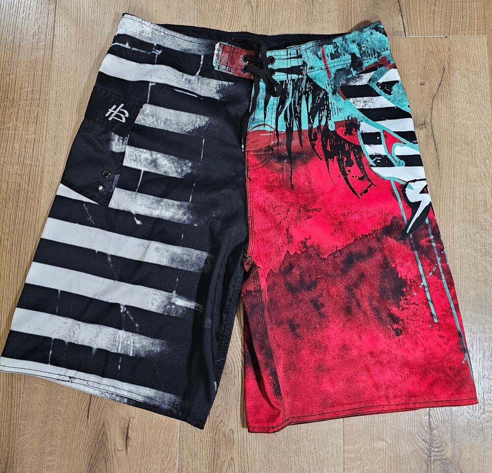 Vtg Hobie All Over Print Graphic Board Shorts Surf Sand Beach Swim Trunks EUC 36